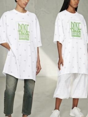 Martine Rose T-Shirt Long Line Waffle Effect Knit Floral Logo Print Unisex M/L